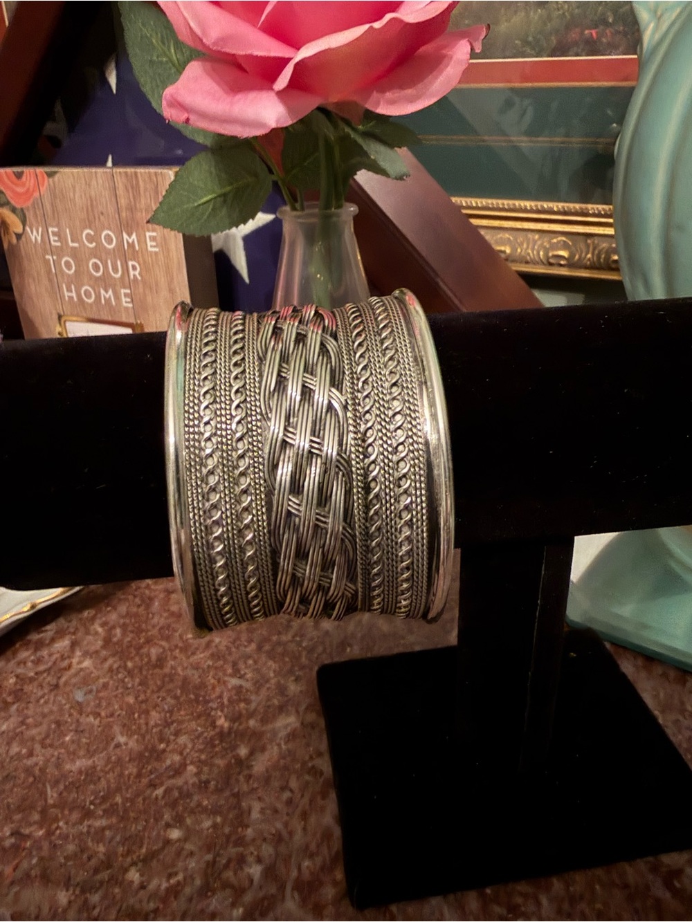 Wide Woven Metal Cuff Bracelet in Silver Tone